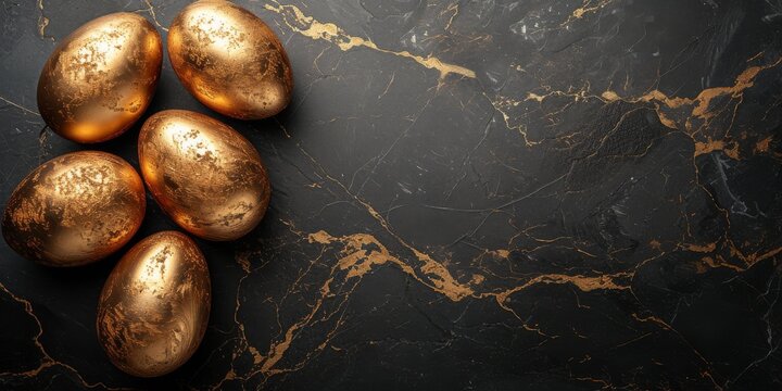 golden easter eggs on a black marble background - easter celebration concept banner