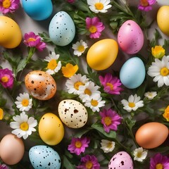 Easter composition of colorful quail eggs and spring flowers over white background. Springtime holidays concept with copy space. Top view 