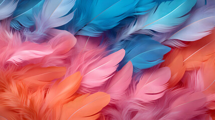Group of colorful feathers laying on top of pink surface.