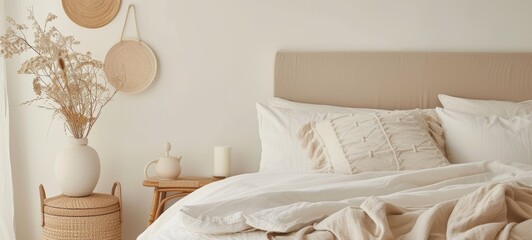 Modern house interior details. Simple cozy beige bedroom interior with bed headboard, linen bedding, bedside table and natural decorations, closeup