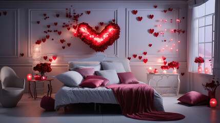 Modern interior of a bedroom with white walls, marble floor, bed and Valentine day decorations. Created with Ai