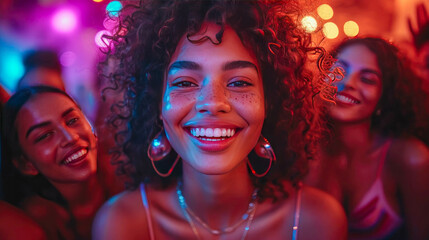 Fototapeta premium Portrait of smiling young woman looking at camera while dancing in nightclub