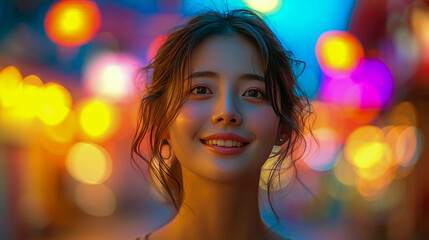 Portrait of a beautiful asian woman with colorful bokeh background