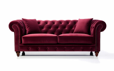 Burgundy velvet sofa with pillows and buttons and brown farmhouse frame isolated on white. Upholstered furniture for the living room
