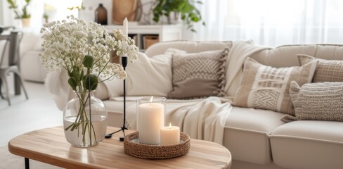 Modern house interior details. Simple cozy beige living room interior with sofa, decorative pillows, wooden table with candles and natural decorations