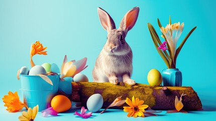 Whimsical Easter Bunny Delights: Serene Celebration with Fluffy Rabbit, Pastel Eggs, and Delicate...