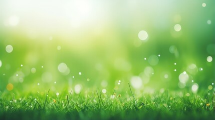 Fototapeta na wymiar Green grass field and blue sky create a summer landscape background with a blurred bokeh effect.