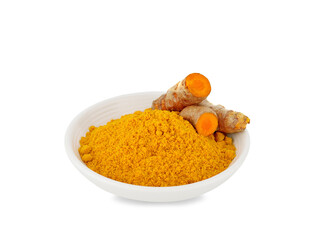 Turmeric roots with turmeric powder on white background,Used for cooking and as herbal medicine