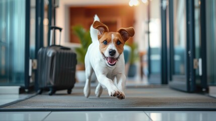Concept pet friendly hotel. Happy running jumping dog at the hotel. Welcome dog. Pet friendly space