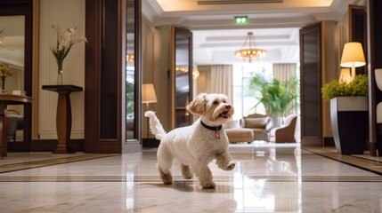 Concept pet friendly hotel. Happy running jumping dog at the hotel. Welcome dog. Pet friendly space - obrazy, fototapety, plakaty