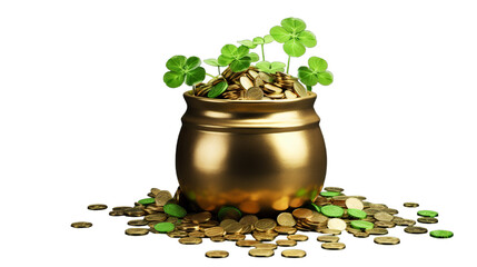 St. Patrick's day - Leprechaun pot of gold and luck, isolated on transparent, Generative ai - obrazy, fototapety, plakaty