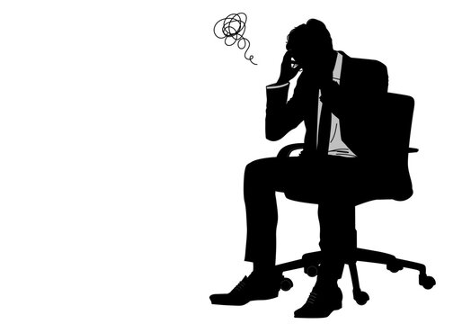 recommend clip art: もやもやマークと椅子に座って頭を抱えて悩むサラリーマン男性のシルエット 全身横向きのイラスト