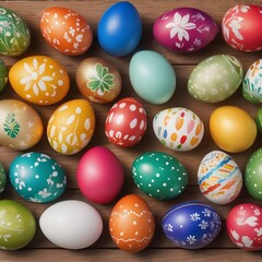 Fototapeta na wymiar A collection of painted easter eggs celebrating a Happy Easter template with a wooden bench to place products with green grass and transparent background 