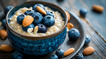 Obraz na płótnie Canvas Oatmeal porridge with blueberries and almonds in a bowl on a wooden background