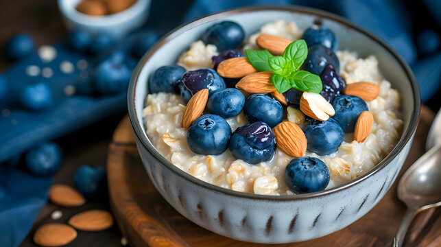 Oatmeal With Blueberries And Almonds In A Bowl On A Wooden Background