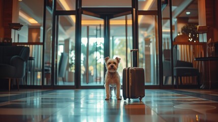 Pet friendly space. Welcome dog. Traveling with dogs. Owner with his dog in hotel