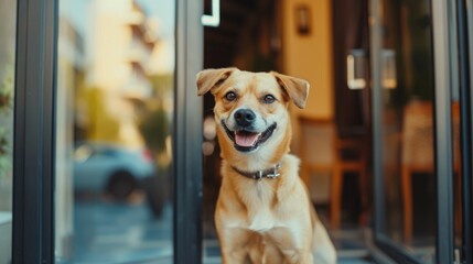 Welcome dog. Concept of pet friendly hotel, pet friendly space. Dog  and luggage suitcase at the hotel entrance, hotel door. Traveling with dogs