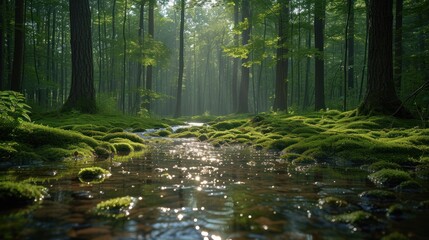 Sunlit Forest Stream with Mossy Banks - obrazy, fototapety, plakaty