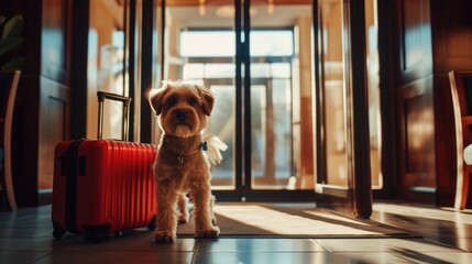 Welcome dog. Concept of pet friendly hotel, pet friendly space. Dog  and luggage suitcase at the hotel entrance, hotel door. Traveling with dogs - obrazy, fototapety, plakaty