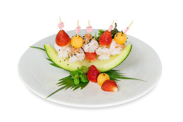 Shrimp cocktail appetizers with strawberry on plate over white background