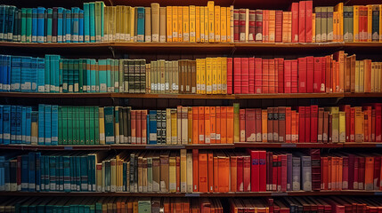 Rainbow gradient of books on library shelves, symbolizing the concept of diversity in literature and knowledge - obrazy, fototapety, plakaty