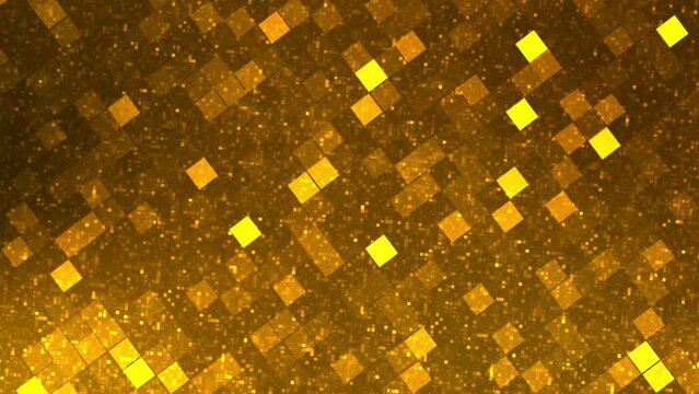 Abstract square background golden yellow. 3d motion. Pixelated background randomly changing the colours of pixels and squares in different shades of golden.