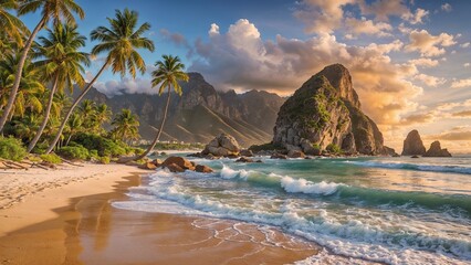 A sandy beach with palm trees and mountains in the background.