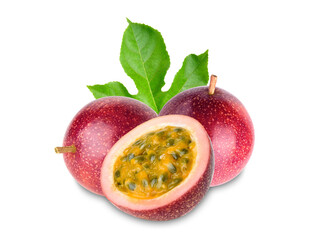 Purple passion fruit (Passiflora edulis) with  leaf isolated on white background