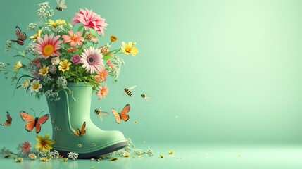 Green rubber boot full of colorful spring flowers with butterflies and bees on mint green background. Spring is here concept. 3D Rendering, 3D Illustration