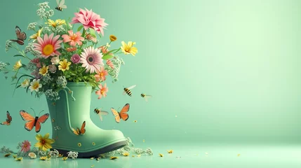 Tuinposter Green rubber boot full of colorful spring flowers with butterflies and bees on mint green background. Spring is here concept. 3D Rendering, 3D Illustration © Jennifer