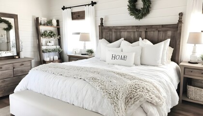 Bedroom with Light Bright Interior with Farmhouse Rustic Decor