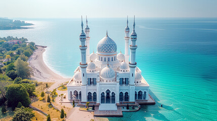 Aerial view of mosque on the beach. View from above of magnificent and beautiful white mosque for Muslim worship. Generative AI - obrazy, fototapety, plakaty