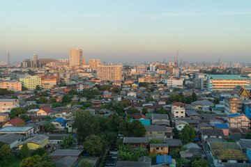 Fototapeta premium Aerial view of Bangkok Downtown Skyline, Thailand. Financial district and business centers in smart urban city in Asia. Skyscraper and high-rise buildings.