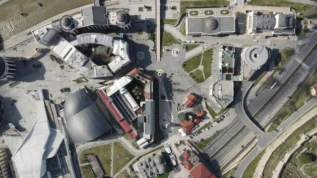 Aerial view of the Archaeological Museum in the city center of Skopje preserved buildings in the Balkans
