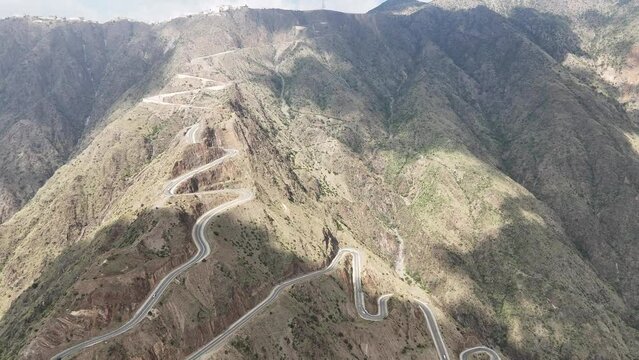 Stunning landscape of winding road on Asir mountains, Saudi Arabia. Aerial Souda