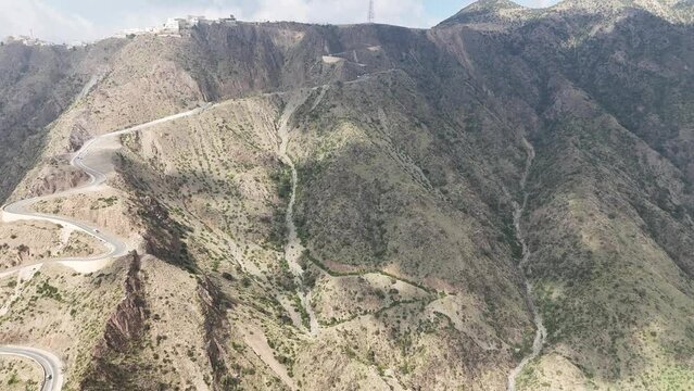 Mountains of Asir, winding roads that lead to Abha, Saudi Arabia. Aerial forward Souda Aseer
