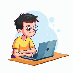 Cute boy working on laptop vector cartoon illustration