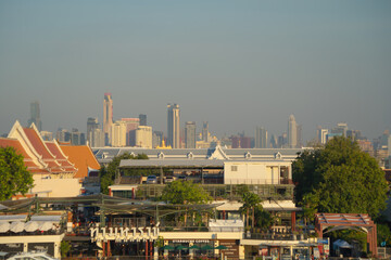 Fototapeta premium Aerial view of Bangkok Downtown Skyline, Thailand. Financial district and business centers in smart urban city in Asia. Skyscraper and high-rise buildings.