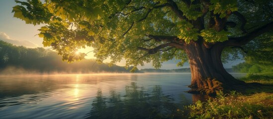 Spring Dawn: Majestic River flows by the Big Tree in a Dazzling Display of Nature's Beauty
