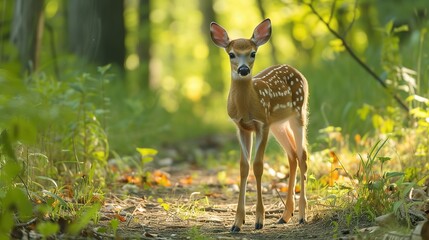 White tailed deer fawn witj hind on natural trail in north Wisconsin - obrazy, fototapety, plakaty