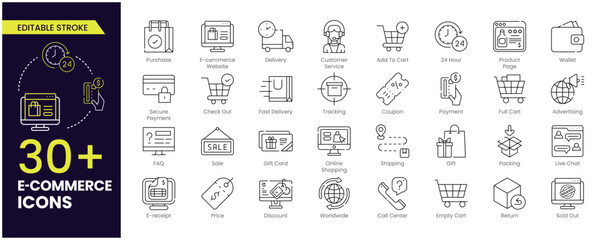 E-commerce Stroke icon set. Online shopping and delivery elements. E-business symbol. Editable Outline icons collection.