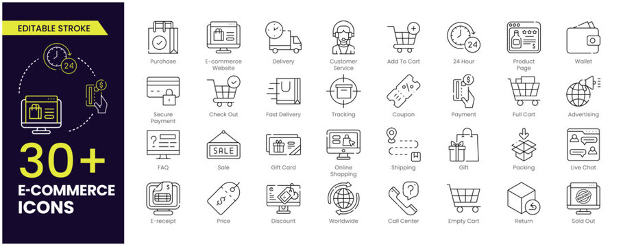 E-commerce Stroke icon set. Online shopping and delivery elements. E-business symbol. Editable Outline icons collection.