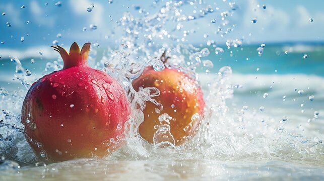 Captivating water-themed photograph featuring a vibrant composition of pomegranates and mangoes against the backdrop of a serene beach setting
