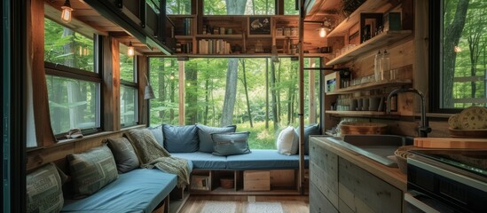Obraz na płótnie Canvas Tiny Home Interior Embraces the Tranquil Wilderness: A Stunning Blend of Serenity and Style in a Tiny Home Interior Amidst the Wilderness