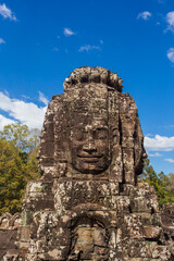 Sacred faces of ancient kings of Cambodia in Bayon temple of Angkor complex, Siem Reap, Cambodia