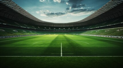 Wide-angle view of the lawn in a soccer stadium.