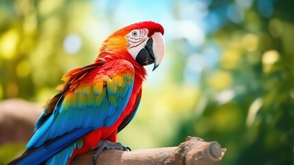 Obraz premium A vibrant, colorful macaw parrot perched in the park
