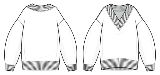 Classic V Neck Sweater technical fashion illustration. Sweater vector template illustration. front and back view. oversized. drop shoulder. unisex. white color. CAD mockup.