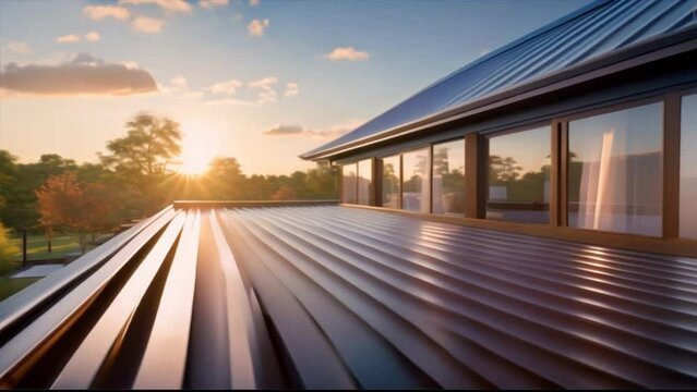 corrugated metal roof installed in a modern house. Corrugated metal roof Modern roof made of metal Metal sheet roof.