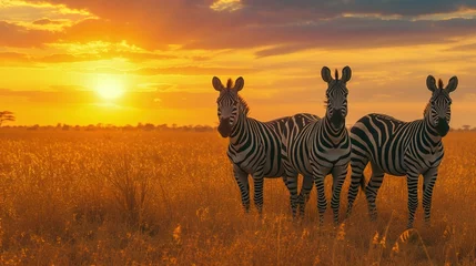 Rolgordijnen Zebras in the African savanna against the backdrop of beautiful sunset. Serengeti National Park. Tanzania © Dianne